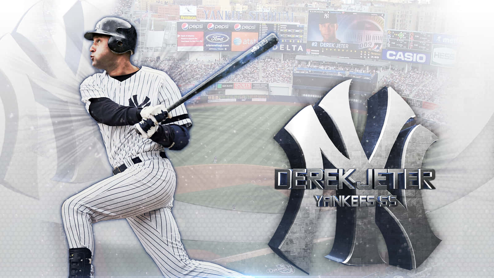 Derek Jeter 桌布 壁紙 — 洋基隊棒球選手 Derek Jeter 身穿制服揮棒中，背景有球場和標誌。
