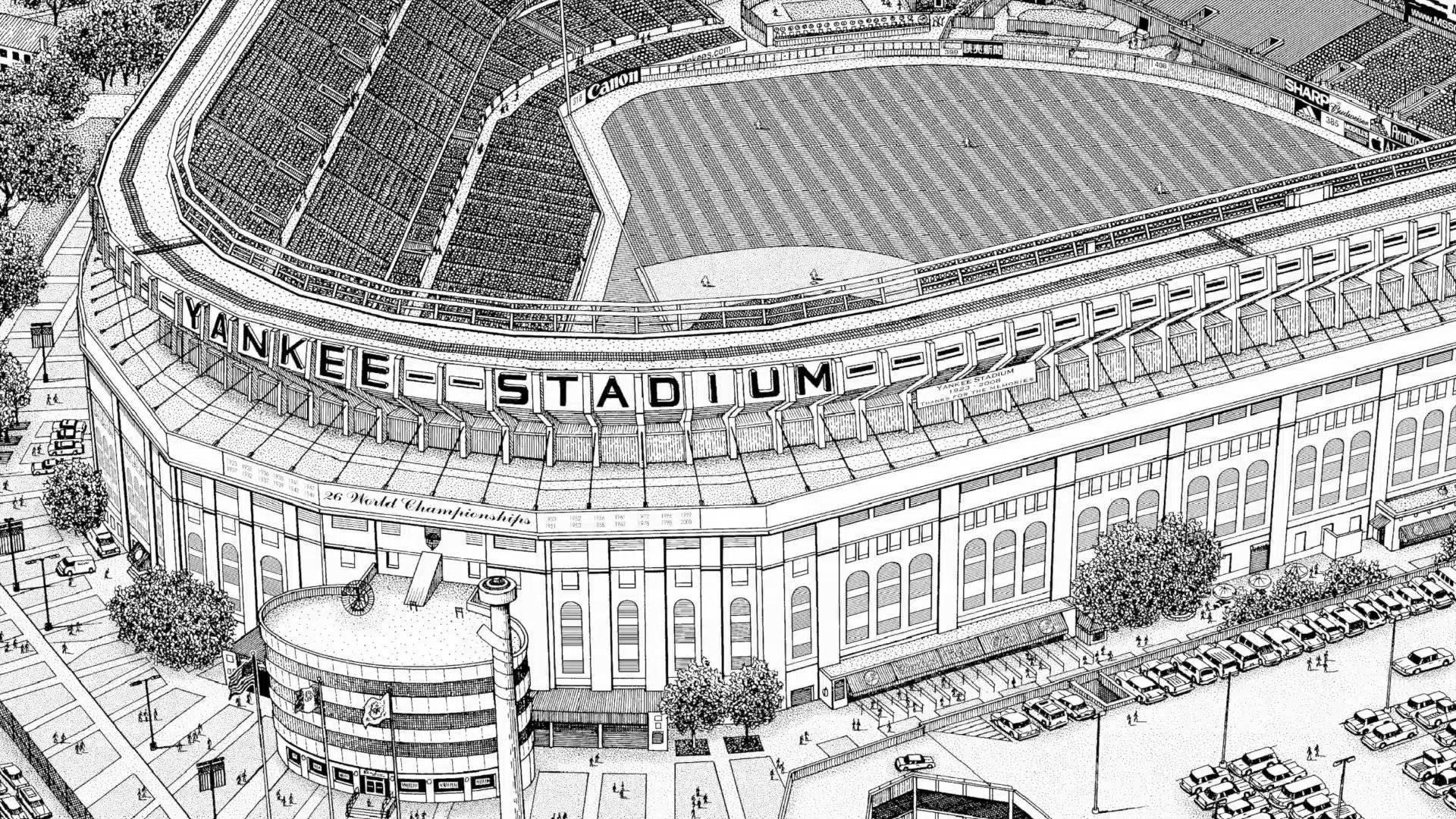 Stadium 桌布 壁紙 — 洋基體育場的黑白空中素描，詳細描繪了看台、停車場和周圍樹木。
