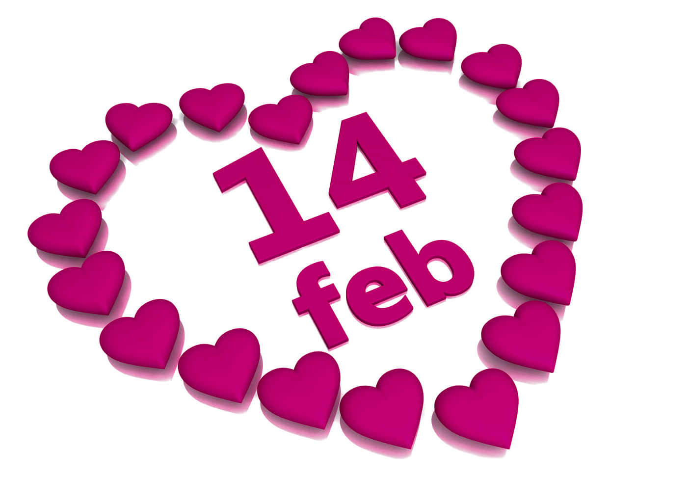 Cute Valentines 桌布 壁紙 — 洋紅色3D心形排列成心形，圍繞白色背景上的文字14 feb。
