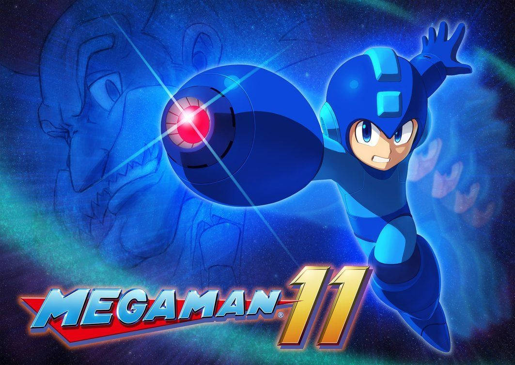 Megaman 桌布 壁紙 — 《洛克人11》身穿藍色盔甲的主角在宇宙藍色背景前，對著幽靈般的敵人剪影發射發光的紅色加農炮。
