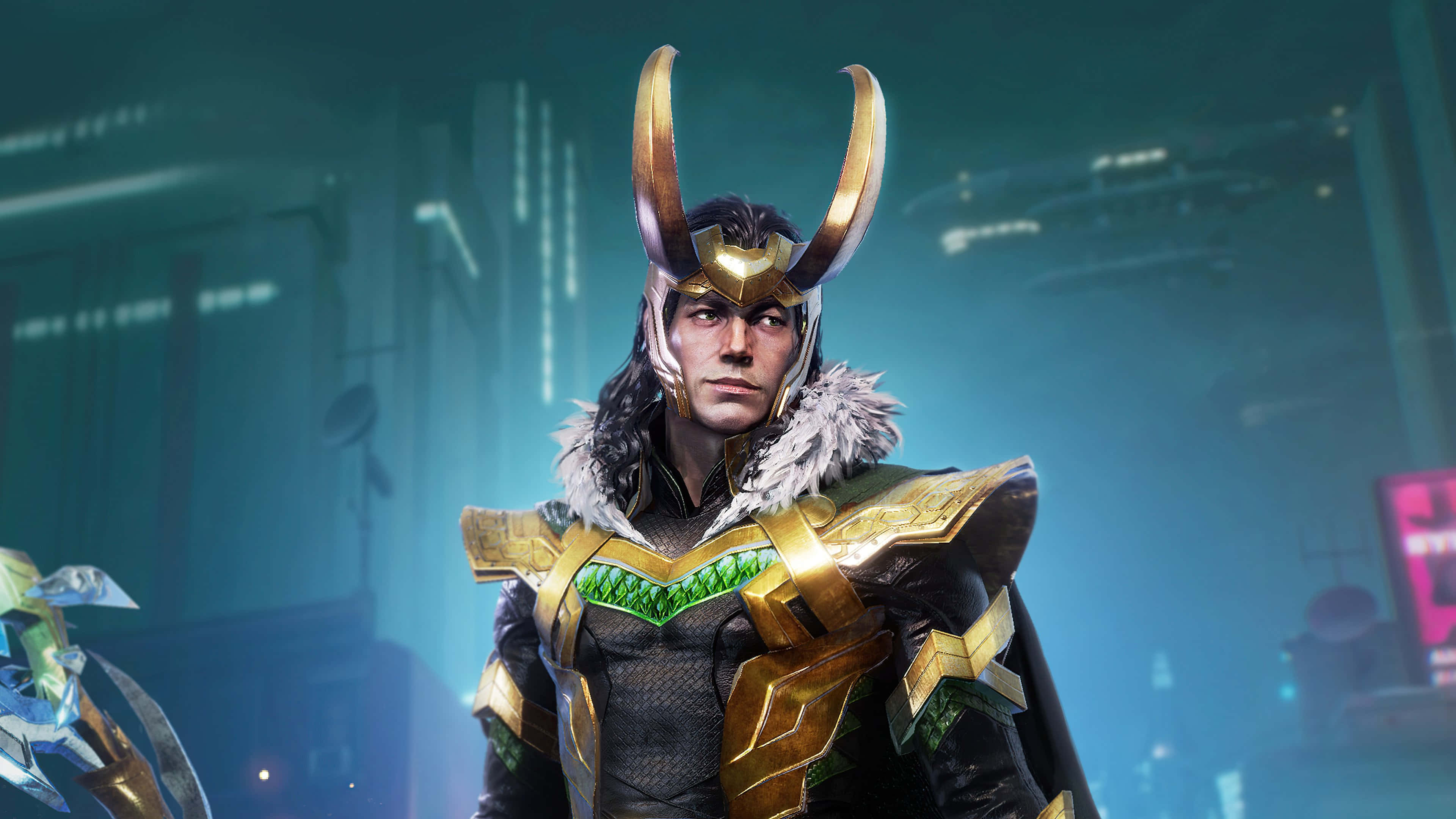 Marvel Loki 桌布 壁紙 — 洛基站在一個未來主義的城市景觀中，戴著他標誌性的角狀頭盔和金色盔甲，在冷藍色的燈光下。