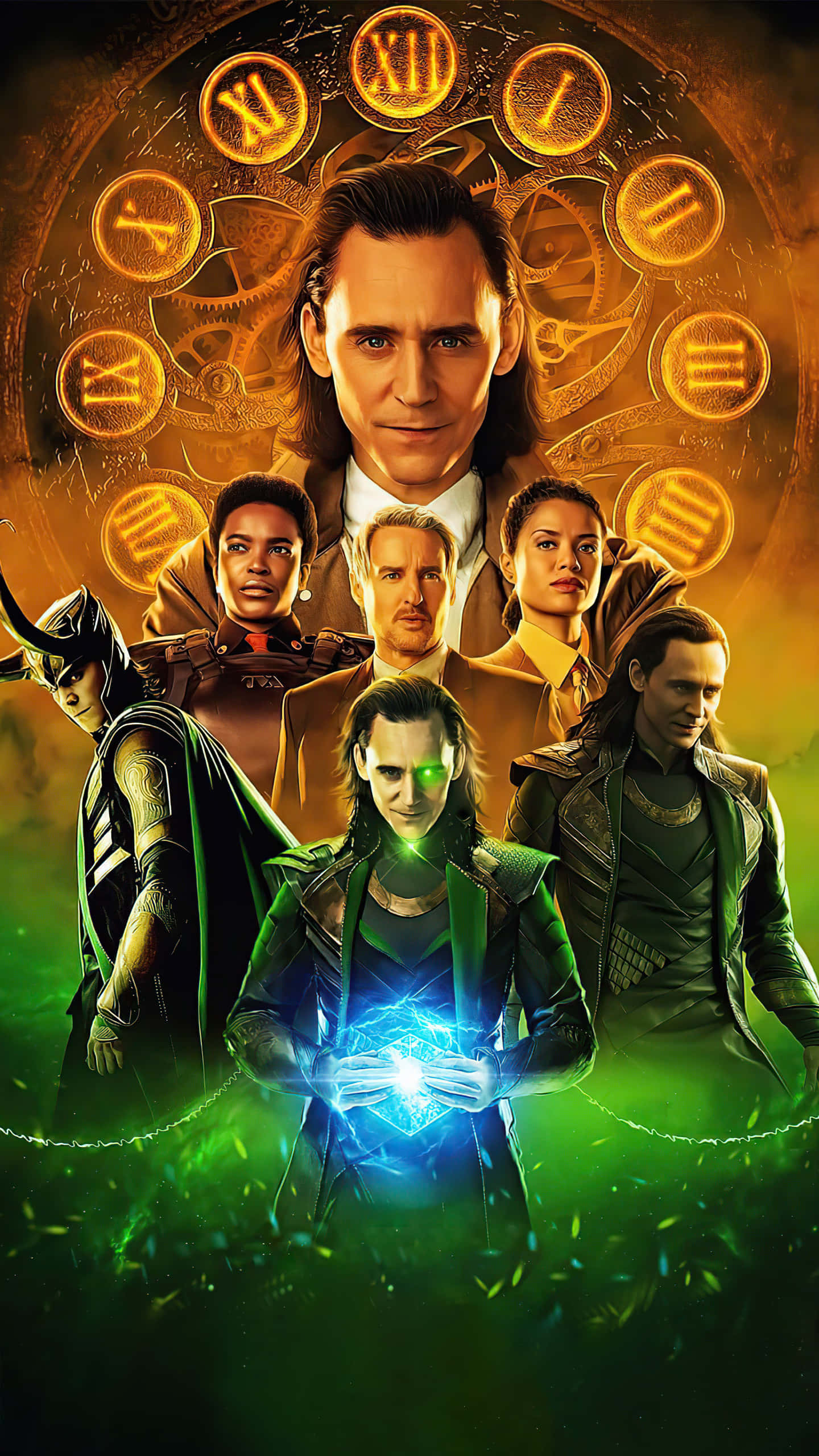 Marvel Loki 桌布 壁紙 — 洛基站在中央，手持發光藍色球體，被他的團隊包圍，背景是金色神秘鐘錶圖案。