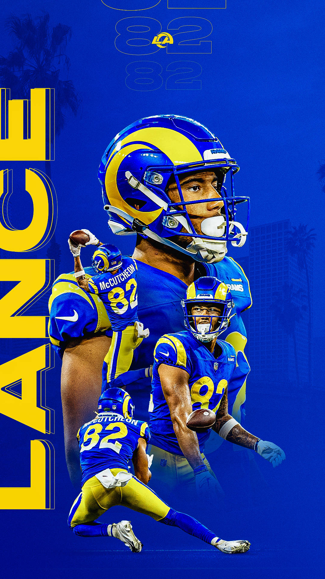 Cool NFL 桌布 壁紙 — 洛杉磯公羊隊美式足球員 Lance McCutcheon 的動態拼貼，以藍色背景、棕櫚樹和球隊品牌為特色，展示多個動作姿勢。