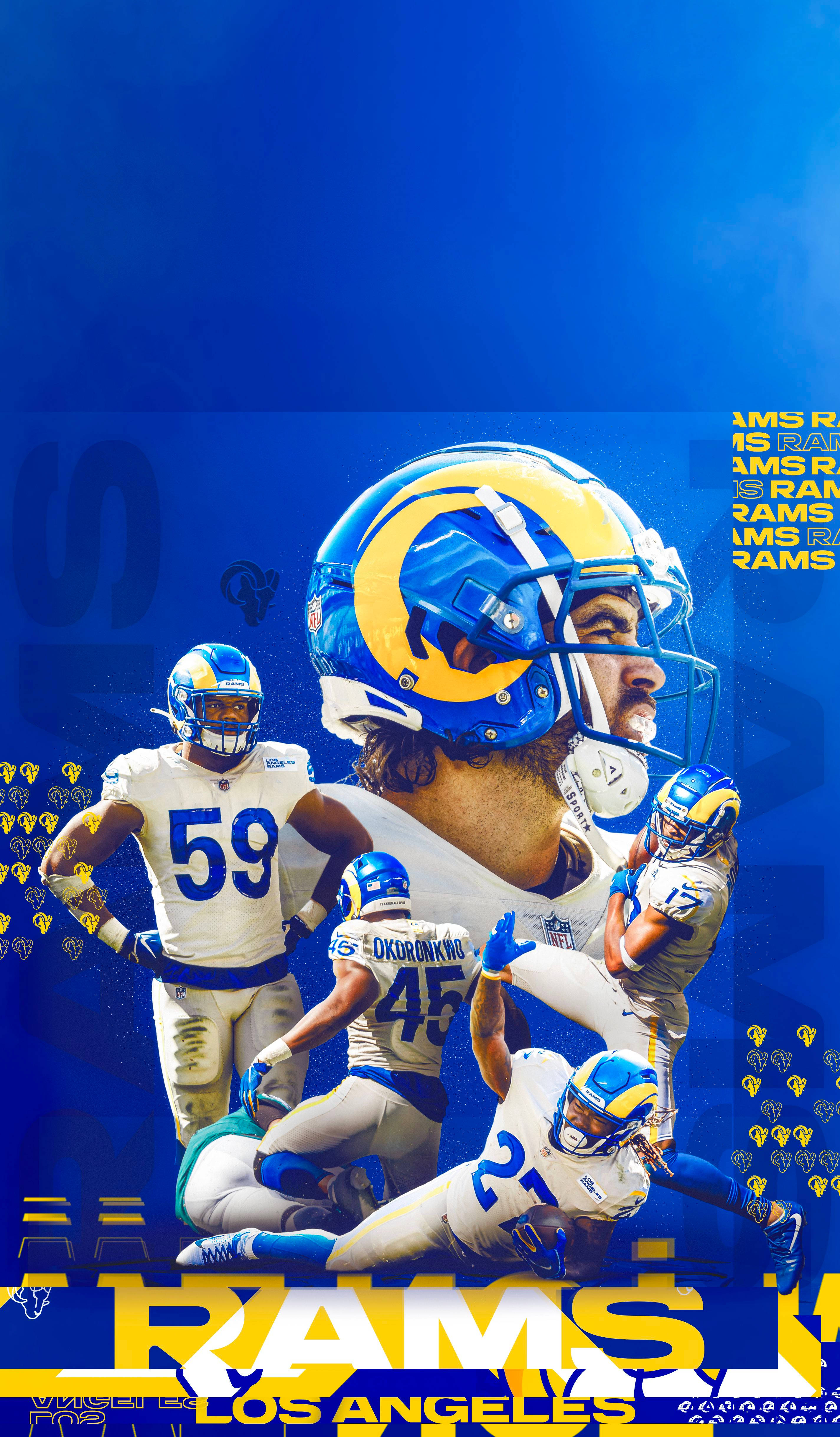 Rams 桌布 壁紙 — 洛杉磯公羊隊美式足球員在醒目藍色背景上以動作姿勢組成的動態拼貼，附有球隊品牌標誌。