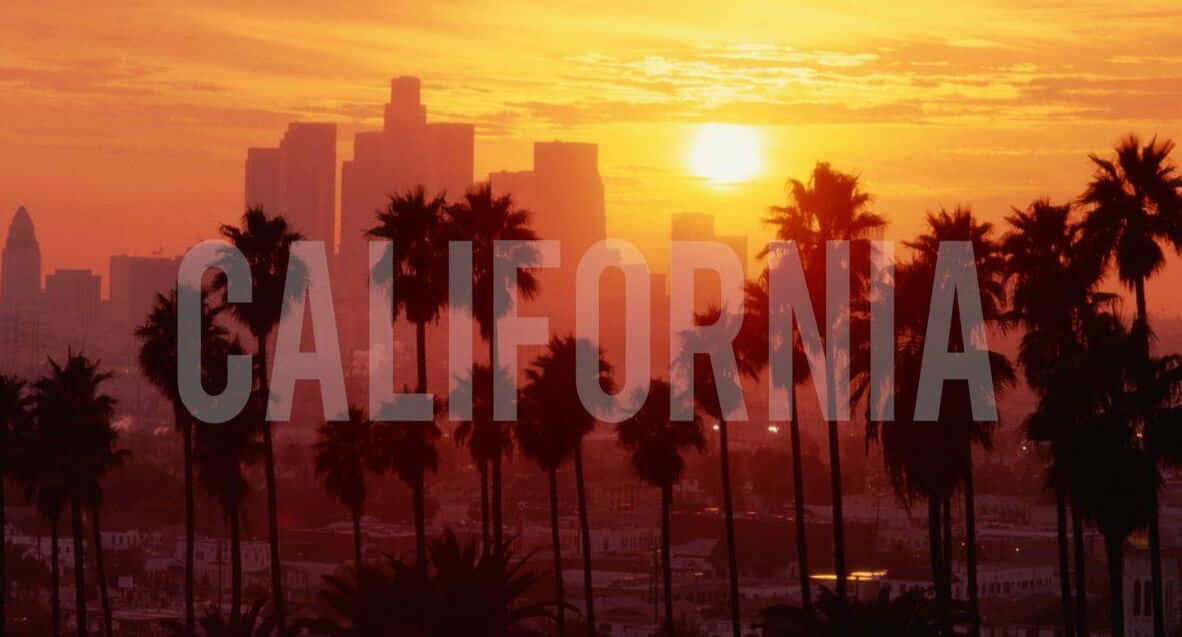加州 桌布 壁紙 — 洛杉磯天際線上的日落，棕櫚樹剪影和 'CALIFORNIA' 文字疊加。