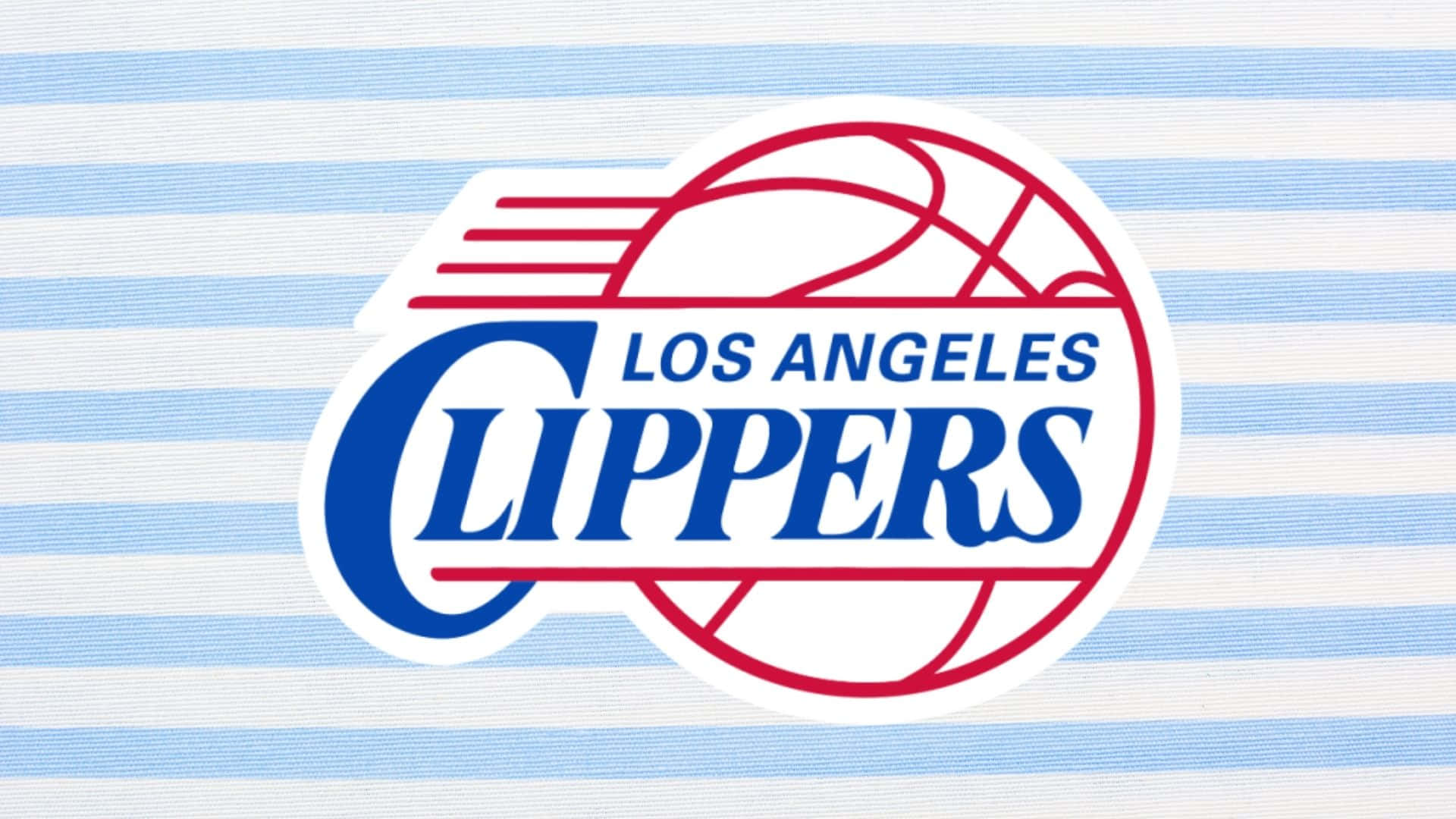 Clippers 桌布 壁紙 — 洛杉磯快艇隊標誌，藍色和紅色，淺藍色和白色條紋布料背景。