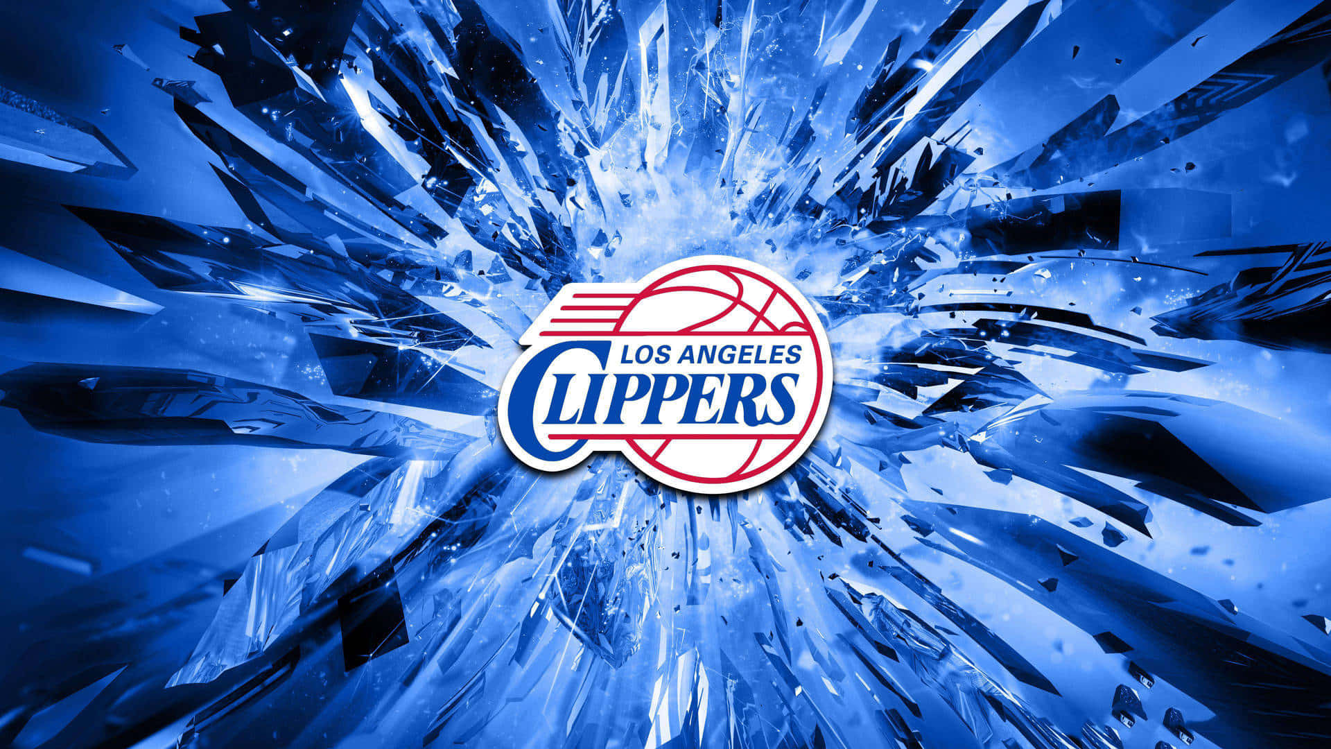 NBA 桌布 壁紙 — 洛杉磯快艇隊標誌在動態爆炸中衝破破碎的藍色水晶碎片。