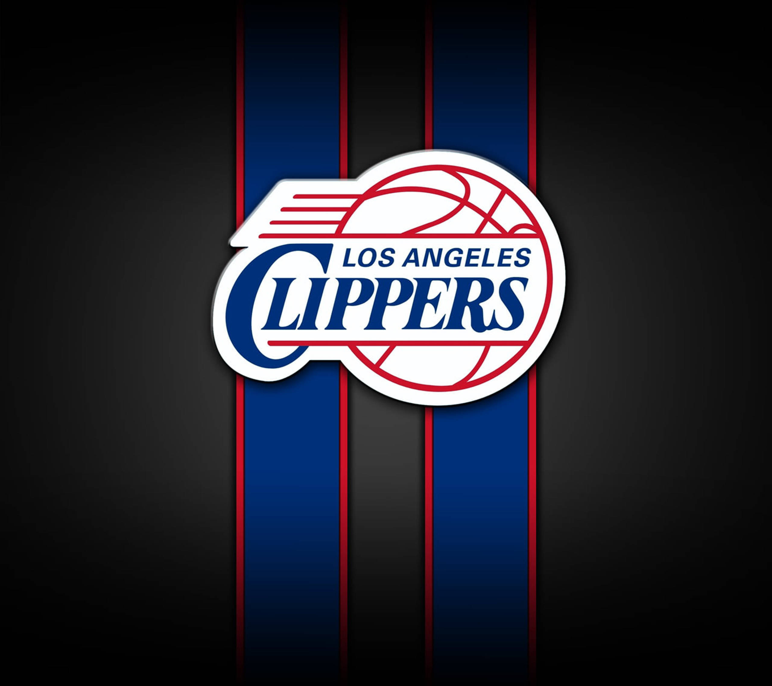 Clippers 桌布 壁紙 — 洛杉磯快艇隊標誌居中，背景為深色，帶有垂直的藍色和紅色條紋。