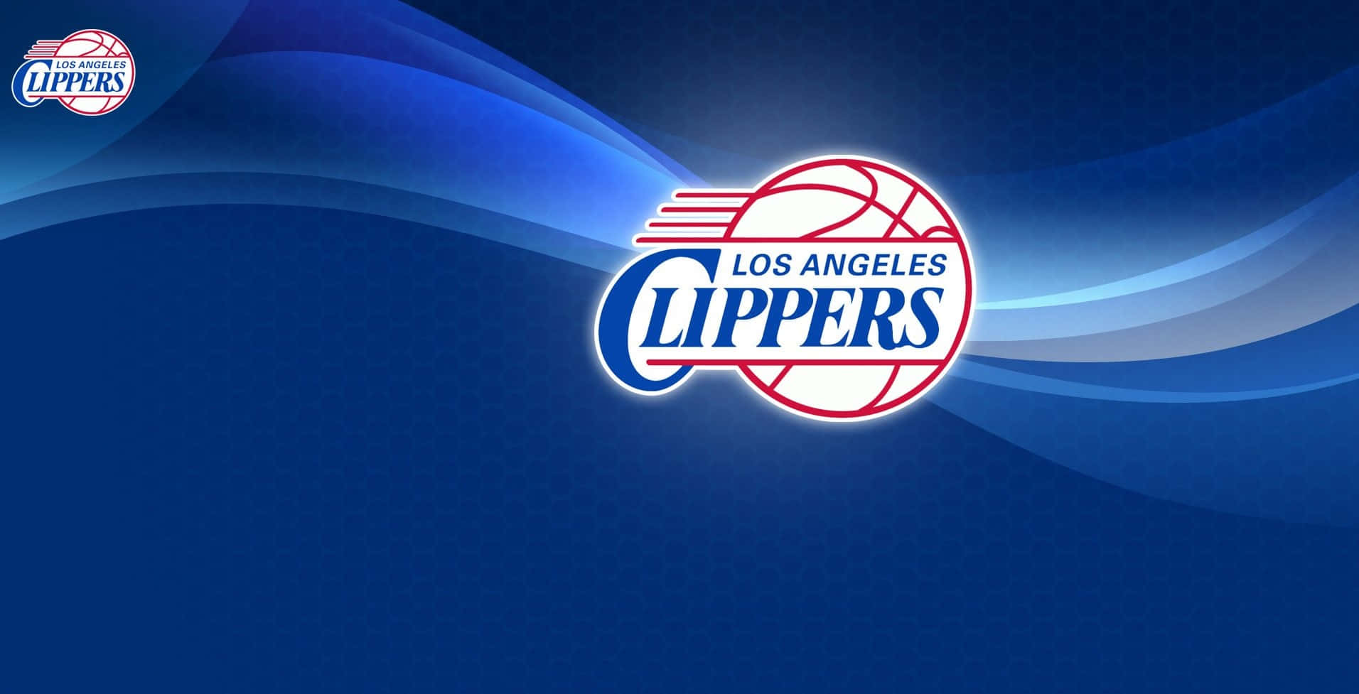 NBA 桌布 壁紙 — 洛杉磯快艇隊標誌居中置於動態藍色漸變背景上，帶有流動的光線條紋。