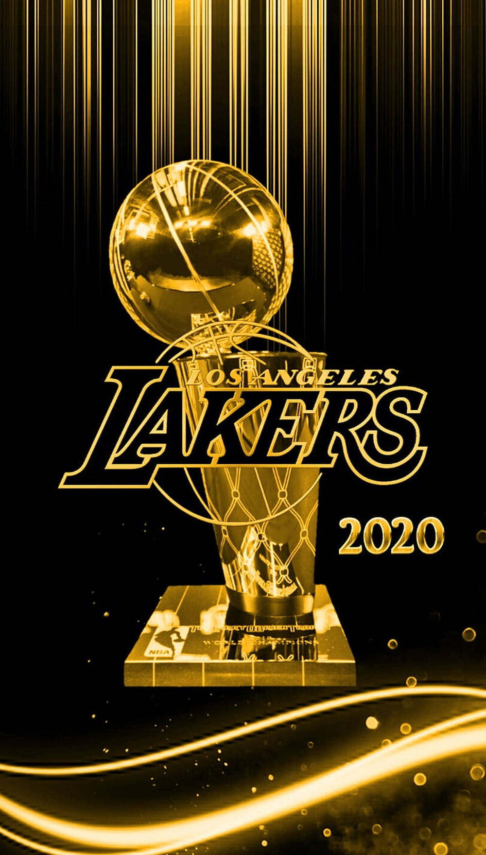 湖人 桌布 壁紙 — 洛杉磯湖人2020年金色NBA冠軍獎盃在黑色背景上閃耀，帶有燦爛的金色光線和粒子。