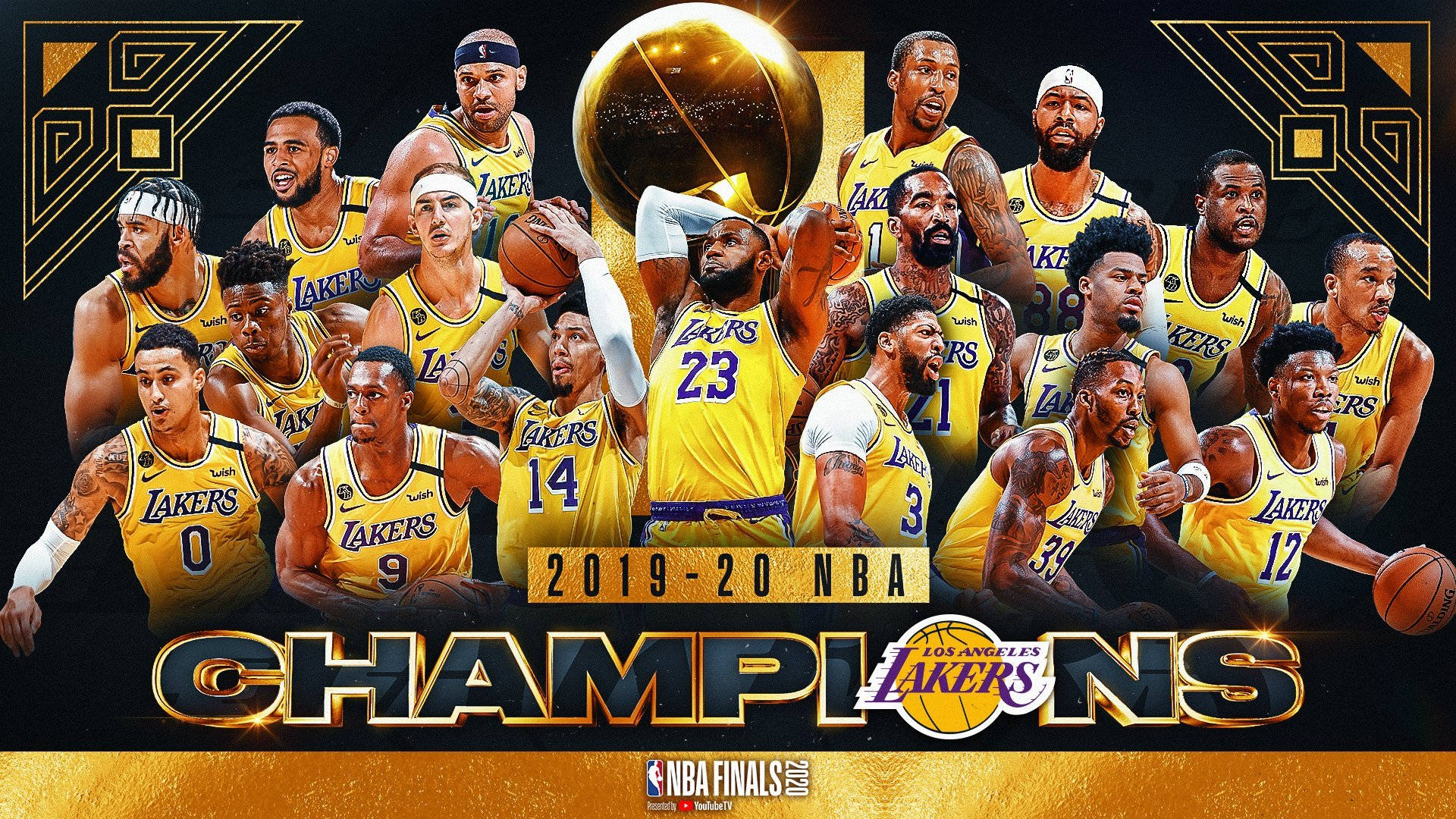 洛杉磯湖人NBA總冠軍慶祝，獎盃和球員。