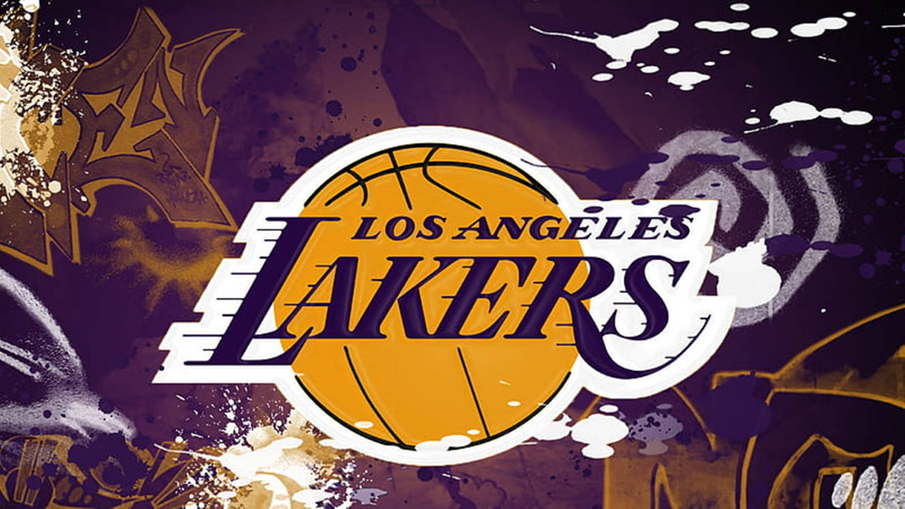 NBA 桌布 壁紙 — 洛杉磯湖人隊標誌居中於一個塗鴉濺灑的紫色和金色背景上，帶有油漆飛濺。