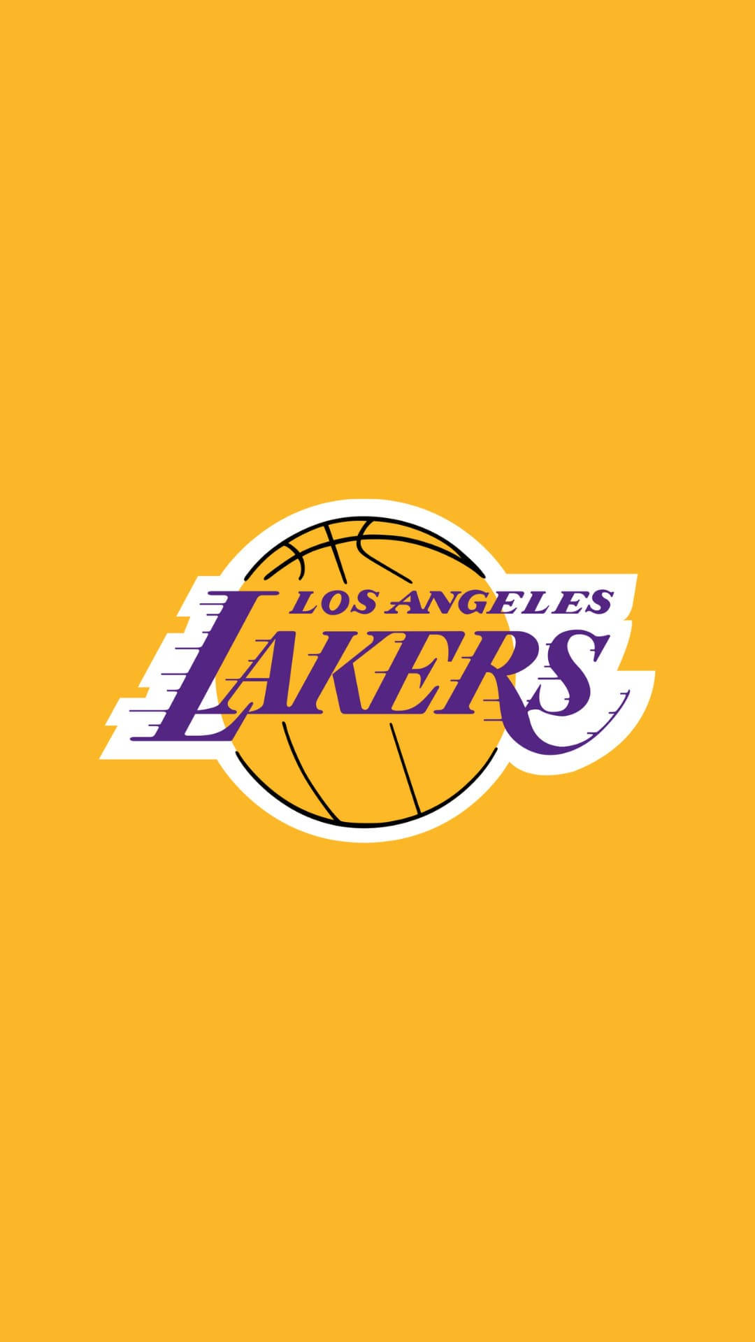 Lakers iPhone 桌布 壁紙 — 洛杉磯湖人隊標誌居中於純金色背景上，搭配紫色和白色文字及籃球設計。