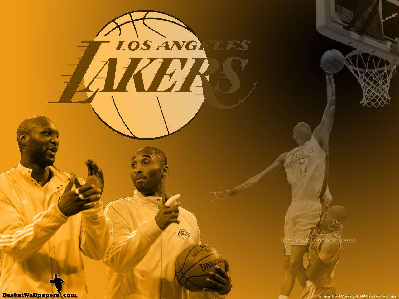 Ray Allen 桌布 壁紙 — 洛杉磯湖人隊球員在溫暖的橙色漸變背景前，展示動作和擺姿勢，並帶有球隊標誌。