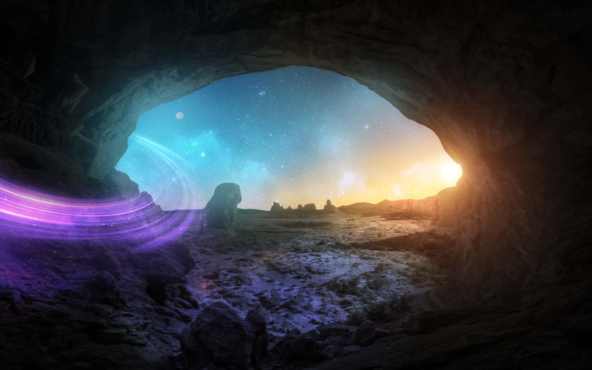 Trippy Nature 桌布 壁紙 — 洞穴開口展現出超現實的外星景觀，帶有發光的紫色能量弧線和日落時的星空。