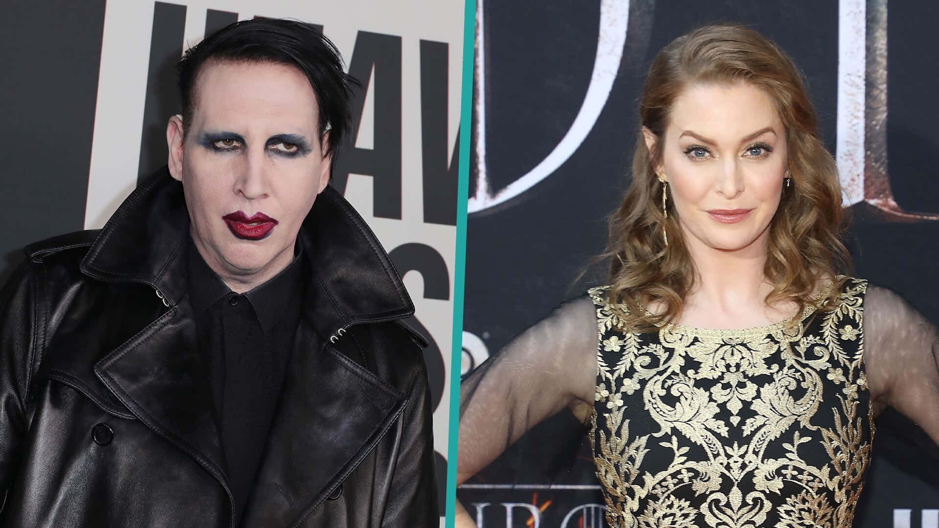 Esmé Bianco 桌布 壁紙 — 活動中瑪麗蓮曼森穿著黑色皮革和Lady Gaga穿著金色刺繡連衣裙的分割肖像。