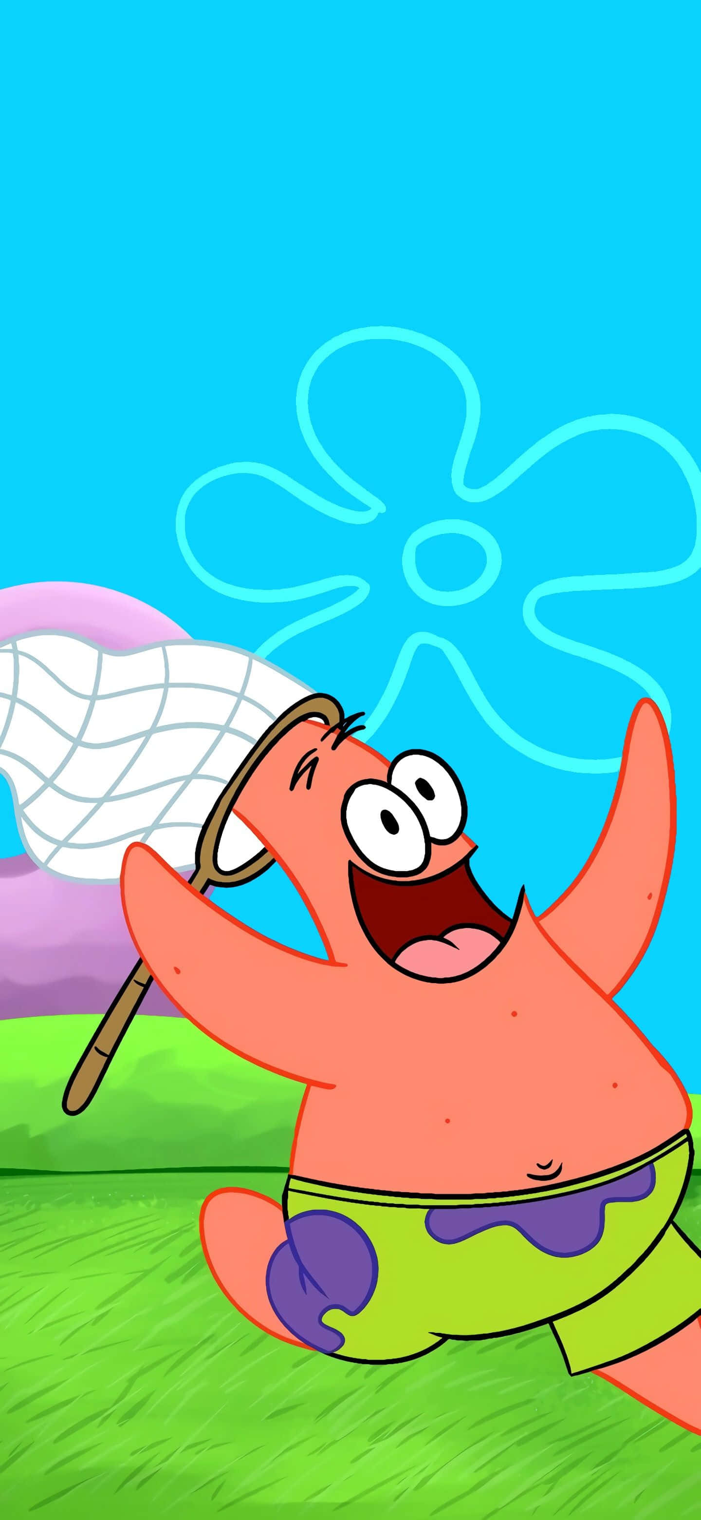 Patrick 桌布 壁紙 — 派大星在明亮的藍天下，拿著蝴蝶網，快樂地跑過草地。