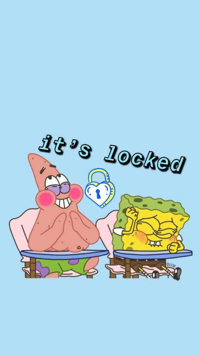 Funny Spongebob 桌布 壁紙 — 派大星在睡覺的海綿寶寶旁邊狡猾地笑，他們之間有個心形掛鎖。