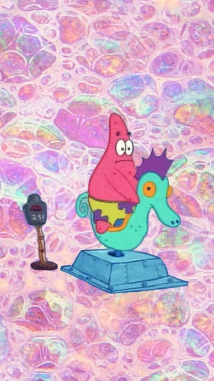 spongebob squarepants 桌布 壁紙 — 派大星在藍色平台上騎著一隻藍綠色海馬，背景是充滿氣泡的粉紅紫色，附近還有一個停車計時器。