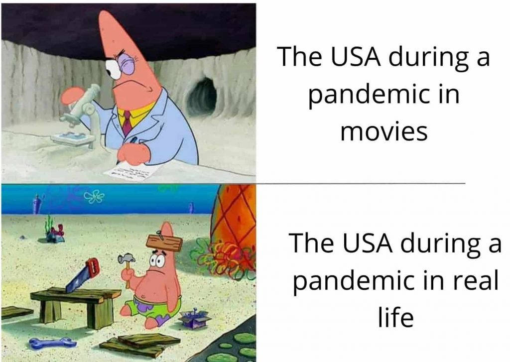 Spongebob Meme 桌布 壁紙 — 派大星穿著實驗袍檢查樣本，文字對比電影與現實中對疫情的描繪。