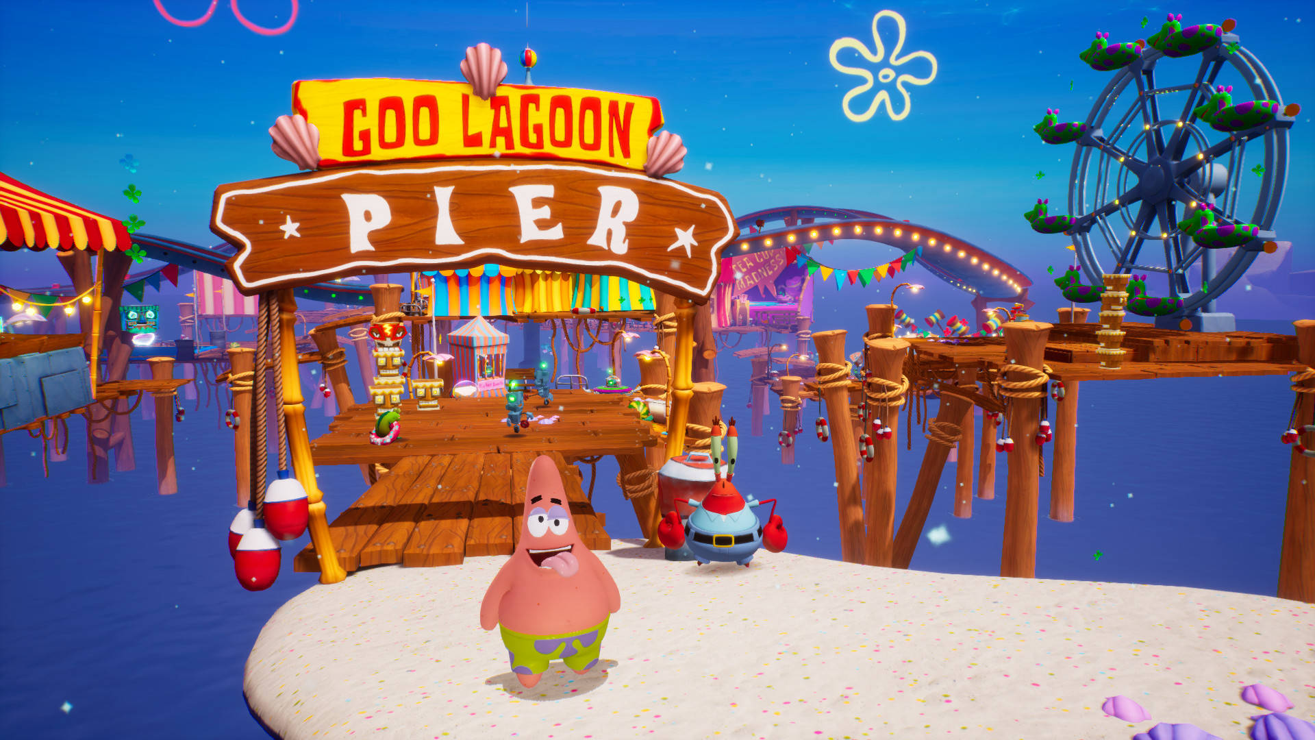 Mr Krabs 桌布 壁紙 — 派大星站在一個沙島上，面前是色彩繽紛的咕嚕潟湖碼頭，有摩天輪和嘉年華遊樂設施，背景是暮色天空。