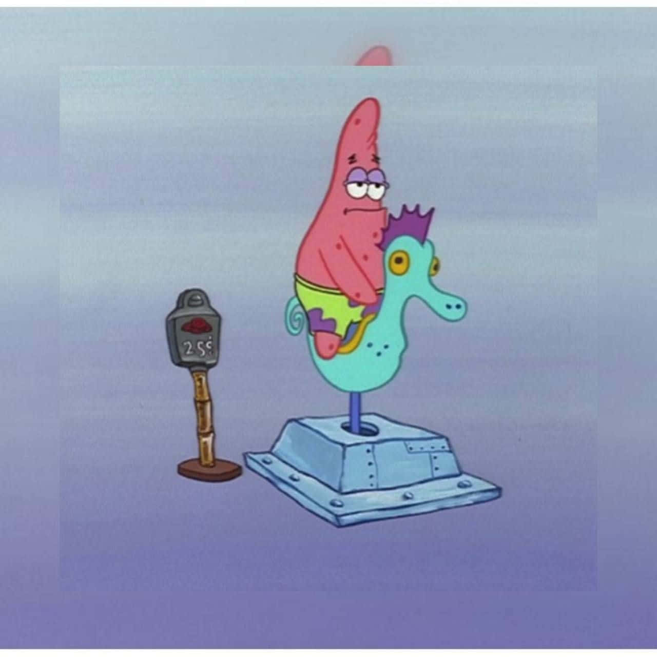 Funny Patrick 桌布 壁紙 — 派大星騎著機械海馬，旁邊有一個顯示25美分的停車收費錶。