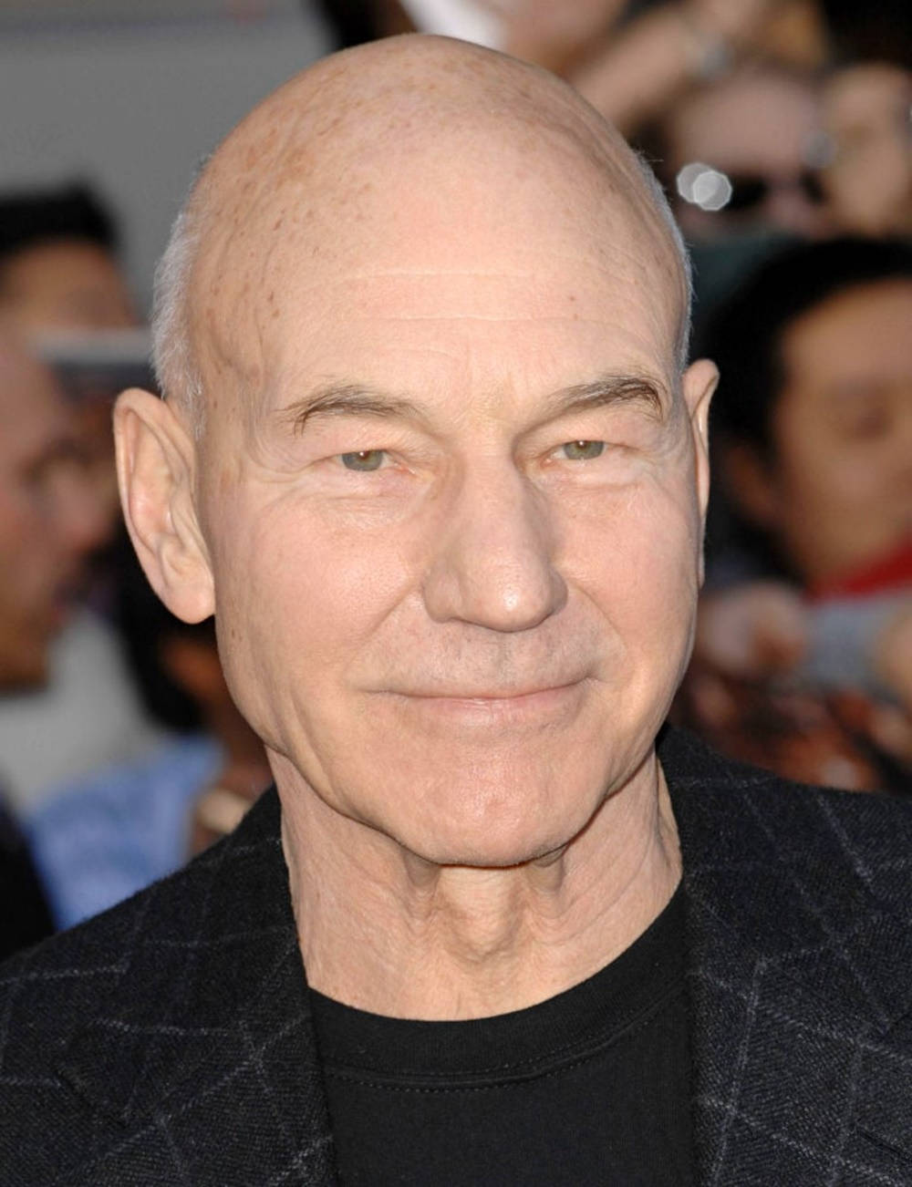 Celebrity 桌布 壁紙 — 派翠克·史都華的特寫肖像，帶著溫柔的微笑，穿著深色圖案西裝外套搭配黑色襯衫。