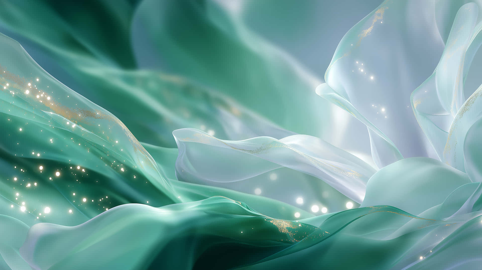 Abstract Flowing Ethereal Fabric with Glimmering Particles 壁紙 — 流動的半透明青綠色和白色布料波浪在柔和的漸變背景上閃爍著金色閃光。