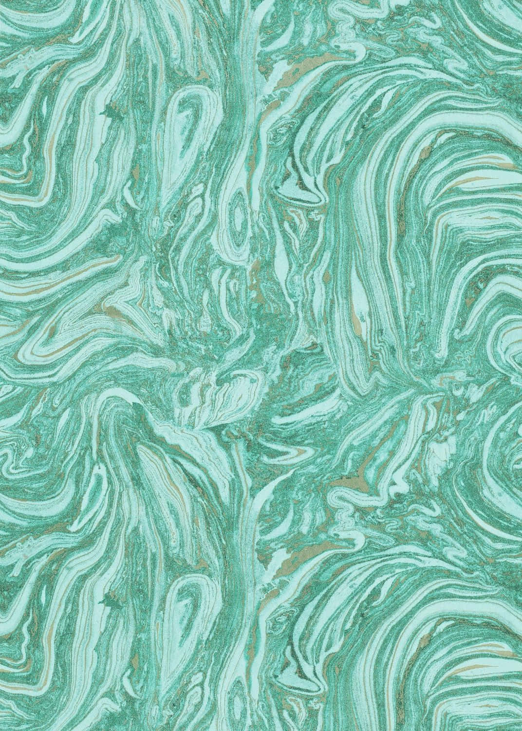 Swirls 桌布 壁紙 — 流動的抽象圖案，由青綠色、白色和金色的漩渦組成，類似大理石或液體顏料。