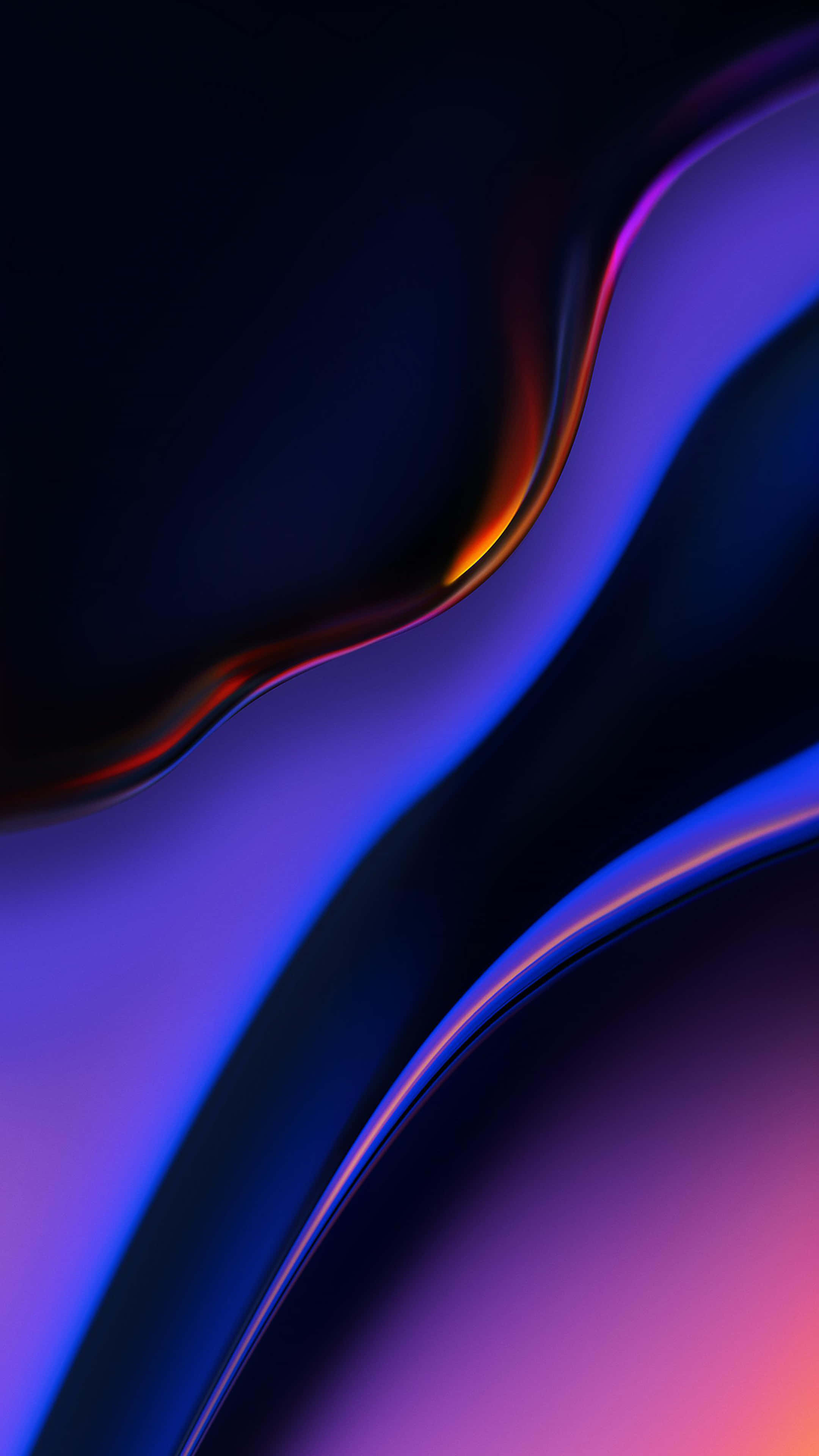 Blue Amoled 桌布 壁紙 — 流動的抽象形態帶有光澤曲線，在深藍色、紫色和溫暖橙色亮點中發光，背景為深色。
