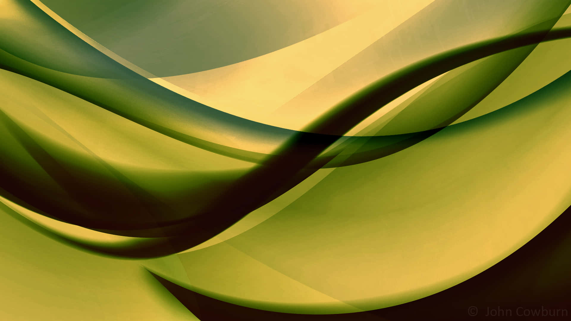 Green Aesthetic Laptop 桌布 壁紙 — 流動的綠色和金色抽象波浪在分層的半透明曲線中流動，營造出寧靜的數位藝術構圖。