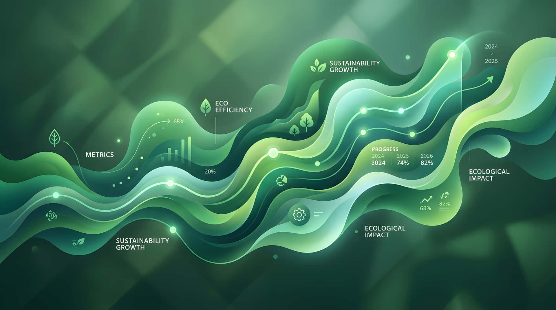 Abstract green waves flow with soft gradients and glowing nodes 壁紙 — 流動的綠色抽象圖形展示了可持續性指標，標籤包括生態效率和生態影響，涵蓋2024年至2025年。