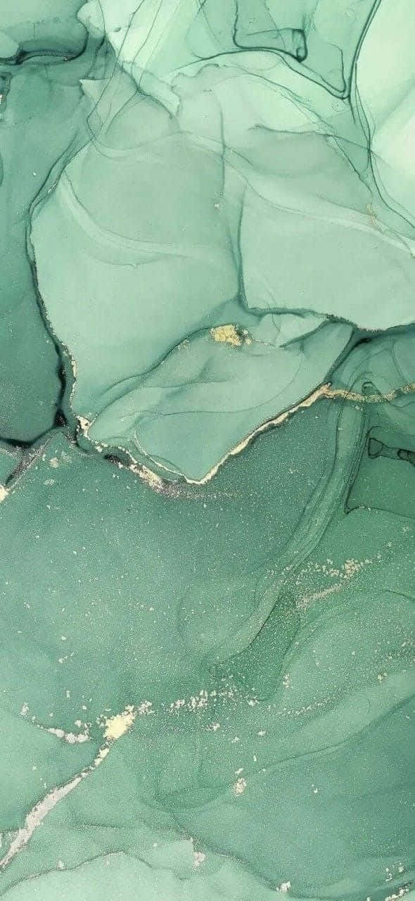 桌布 壁紙 — 流動的藍綠色和金色抽象顏料漩渦，帶有精緻的白色斑點和深色紋理。