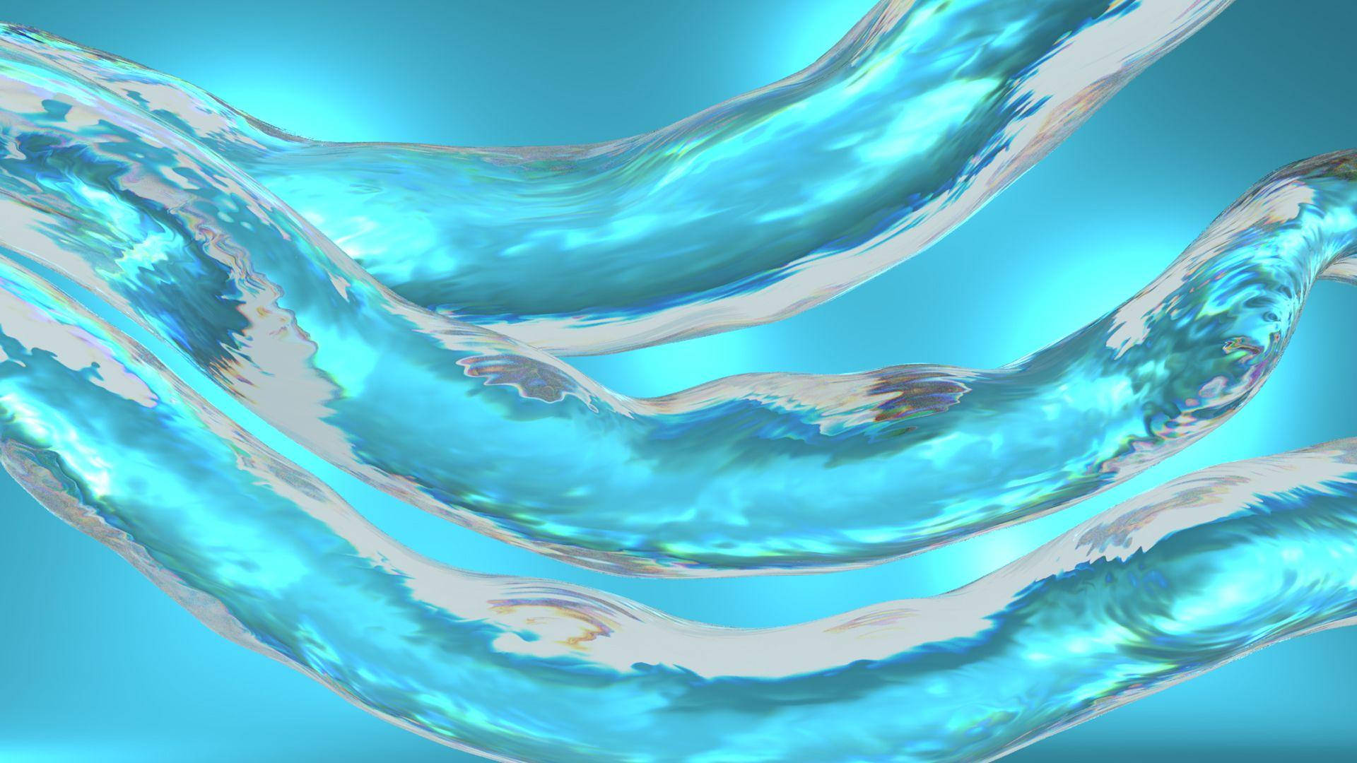 水 桌布 壁紙 — 流動的藍綠色絲帶在柔和的藍色漸變背景上優雅地流動，帶有彩虹色的高光。