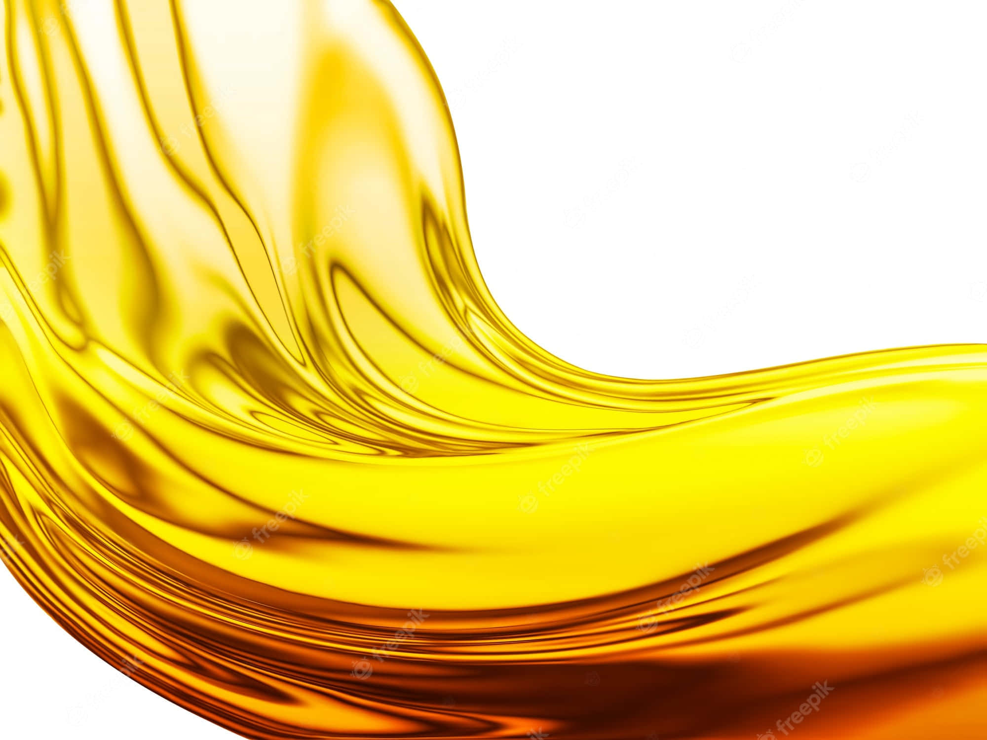 Oil 桌布 壁紙 — 流動的金色液體在純白背景上以平滑曲線旋轉，營造出奢華的抽象動感。