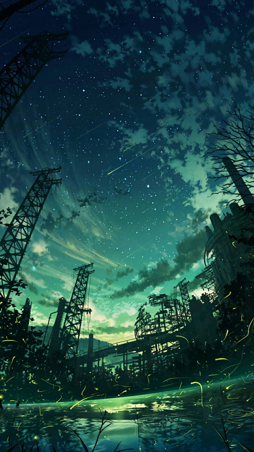 綠色天空 桌布 壁紙 — 流星劃過的星空夜晚，照亮了廢棄的工業景觀，伴隨著發光的螢火蟲。