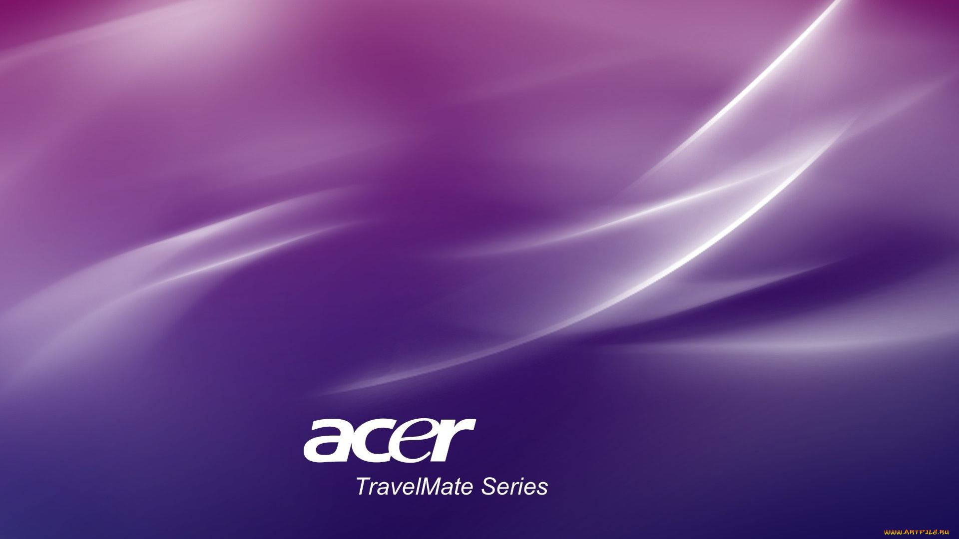 標誌 桌布 壁紙 — 流暢的紫色和白色抽象波浪，帶有發光的光跡和Acer TravelMate Series文字。