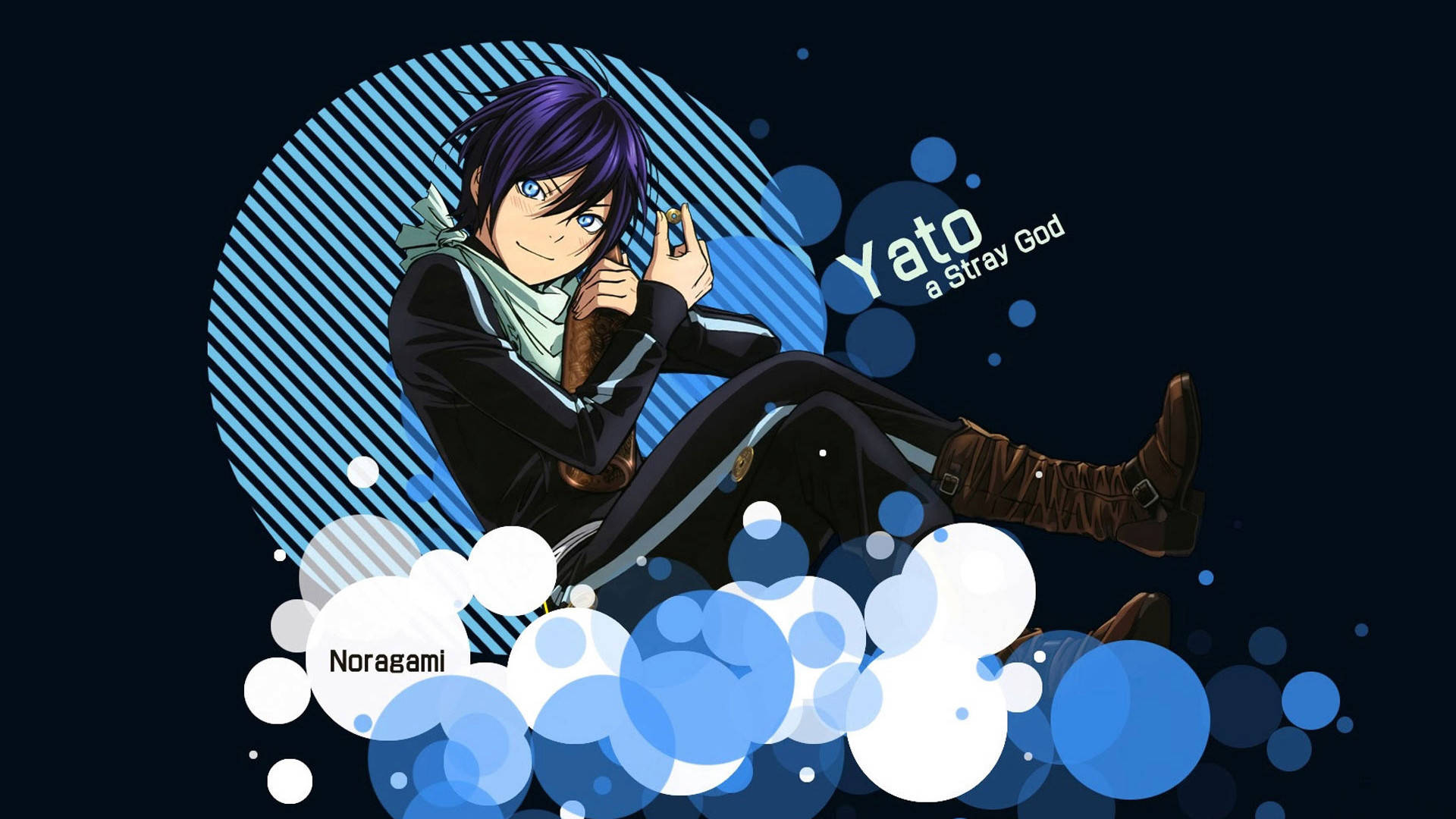Anime Desktop 桌布 壁紙 — 《流浪神差》中的動漫角色夜斗隨意地靠著一個藍色條紋圓圈，周圍漂浮著藍色和白色的泡泡。