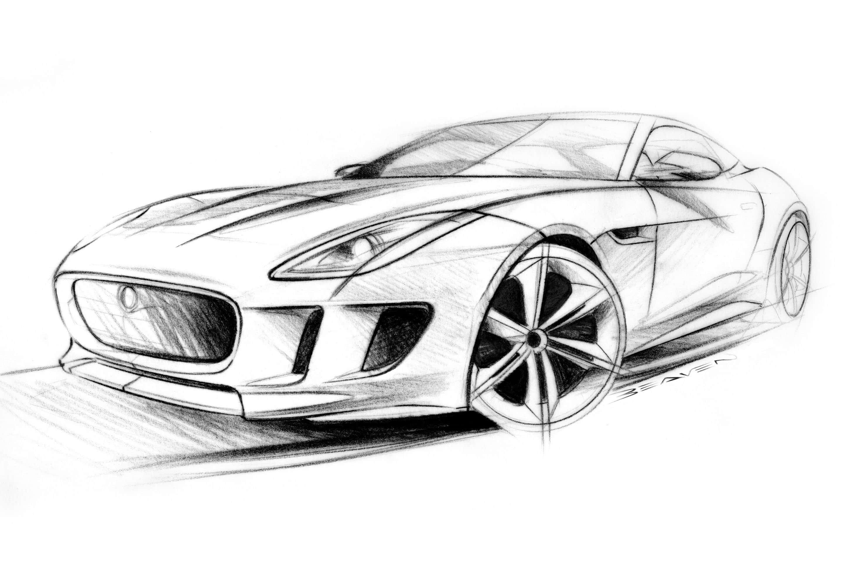 Sketches 桌布 壁紙 — 流線型積架跑車動態鉛筆素描，帶有細緻陰影和運動線條。