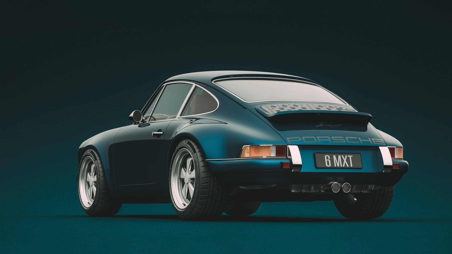 青色GIF 桌布 壁紙 — 流線型青綠色保時捷911經典跑車，以車尾四分之三角度展示，背景為深青綠色攝影棚。