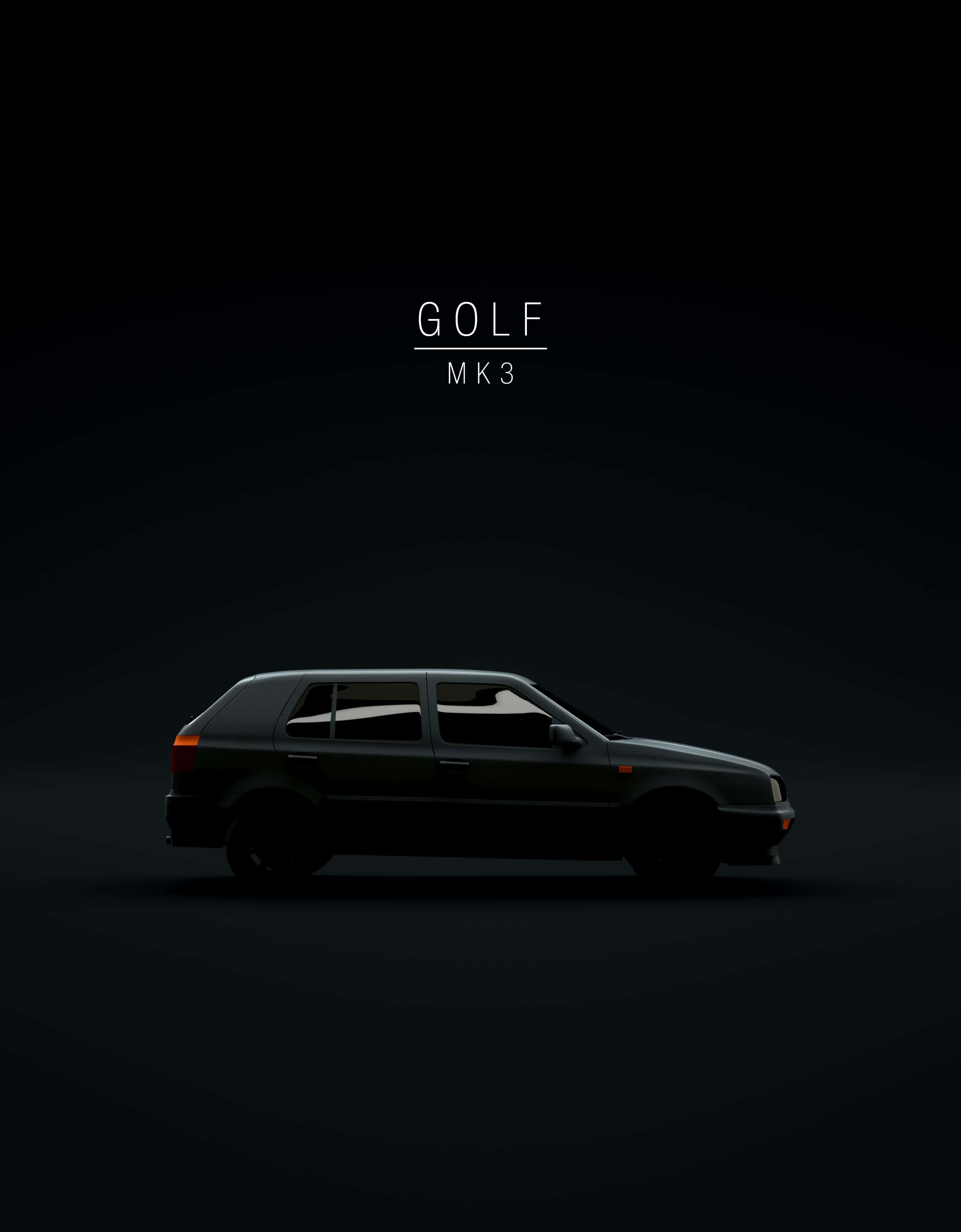 Minimalist Car 桌布 壁紙 — 流線型黑色Golf MK3剪影在漸變暗色背景上微微發光，搭配極簡字體排版。