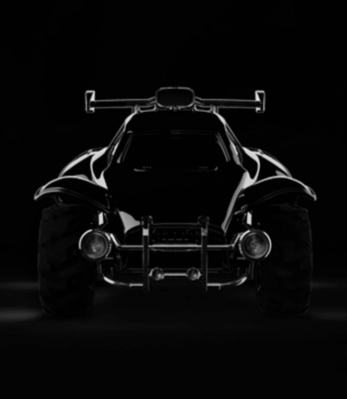 Rocket League Phone 桌布 壁紙 — 流線型黑色沙灘車剪影，在漆黑背景上閃耀金屬光澤。