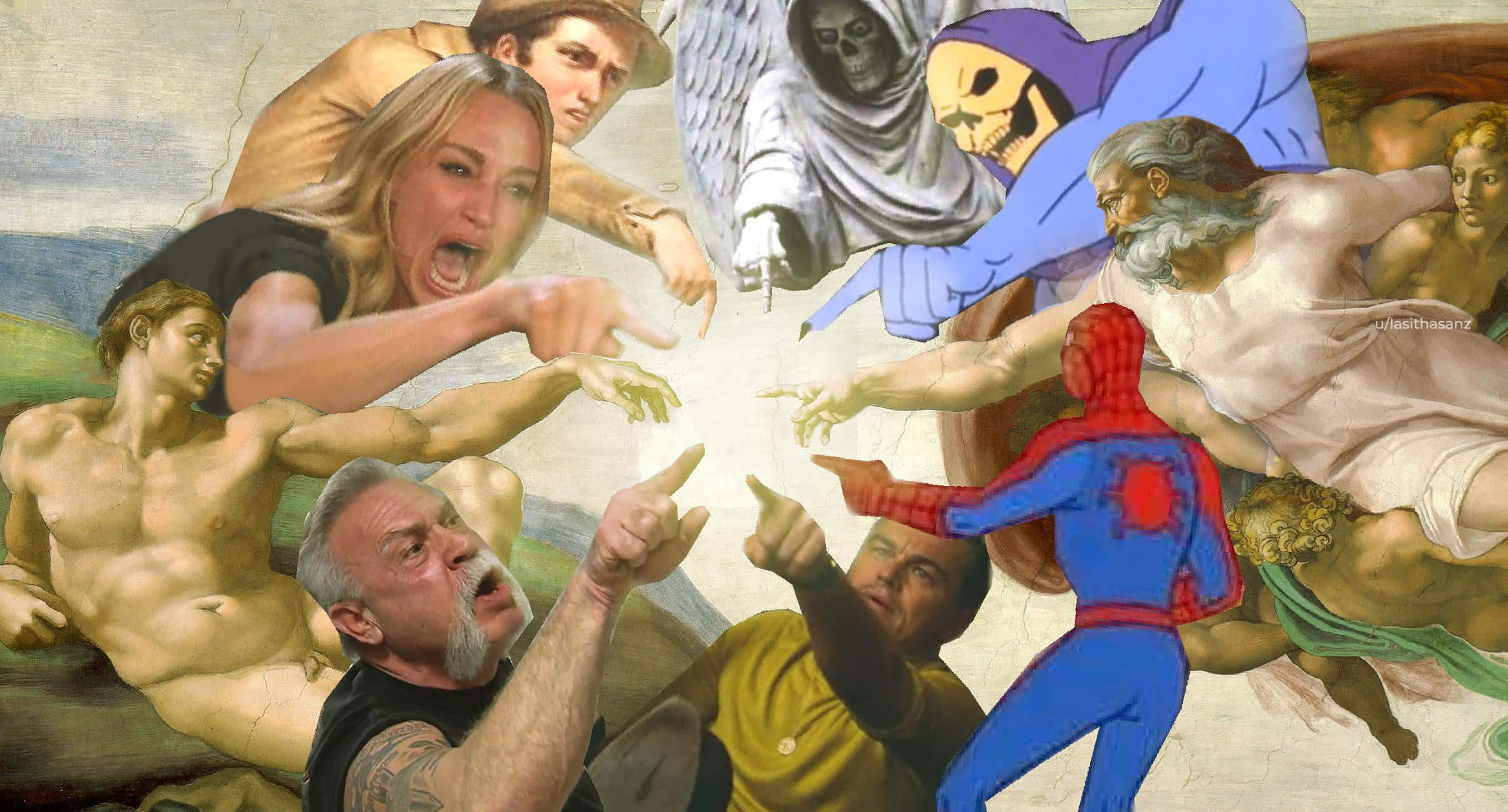 meme 桌布 壁紙 — 流行文化偶像與神話人物在米開朗基羅的西斯汀教堂天花板的混亂模仿中碰撞。