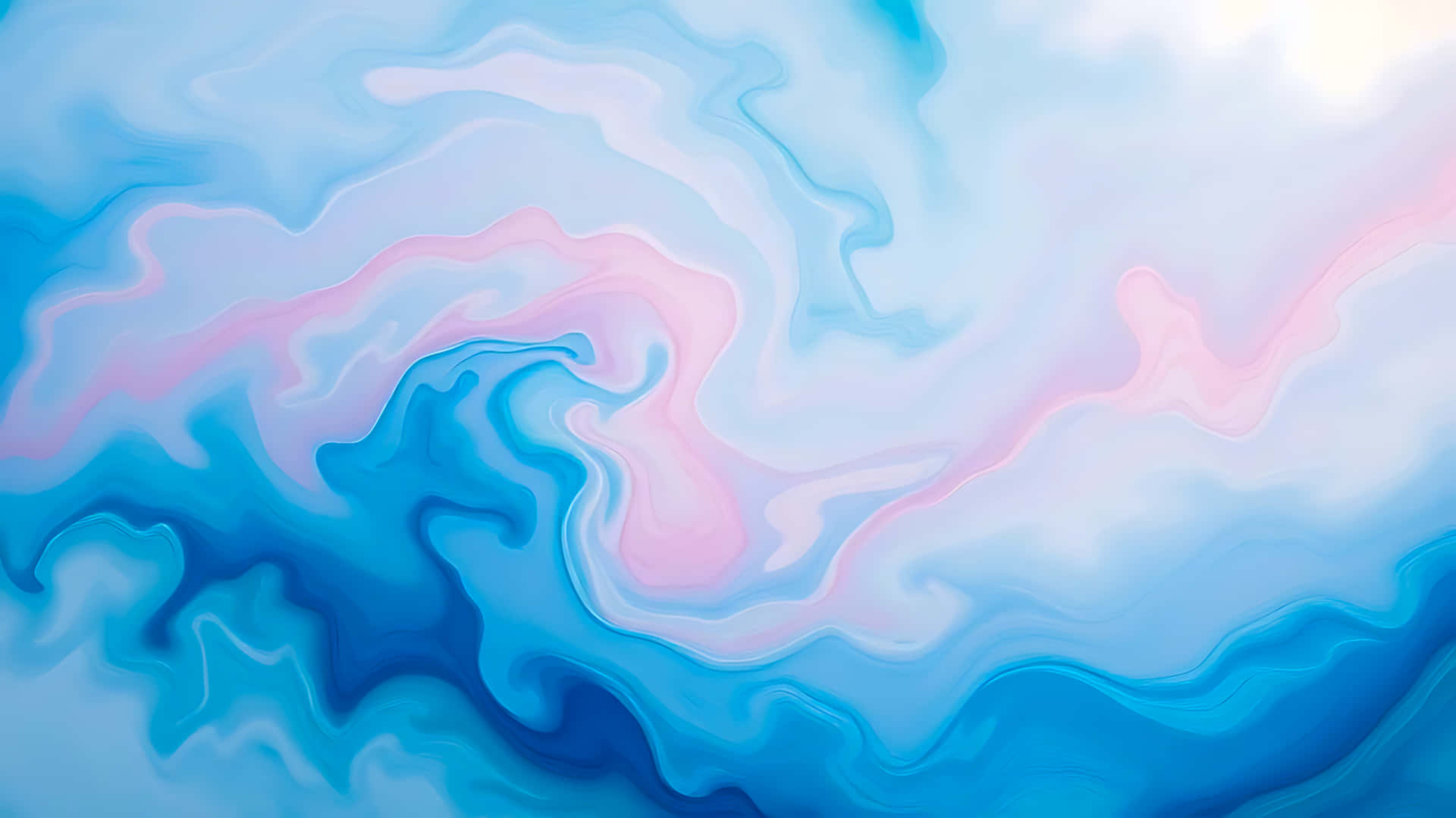 Abstract swirling blue and pink watercolor illustration for backgrounds 壁紙 — 流體般的蔚藍色和柔和粉紅色漩渦融合成夢幻般的抽象漸變，帶有柔和白色高光。