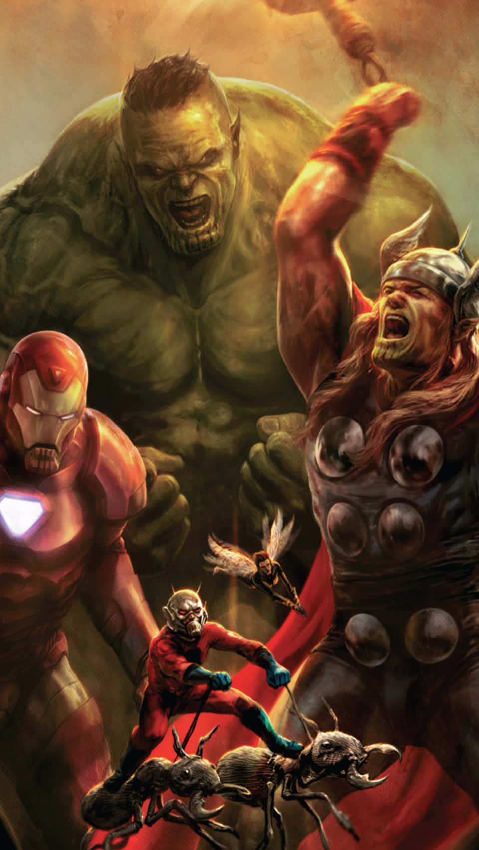 Secret Invasion 桌布 壁紙 — 浩克、索爾和鋼鐵人與蟻人一起在火熱的漫畫風格場景中與巨型螞蟻戰鬥。