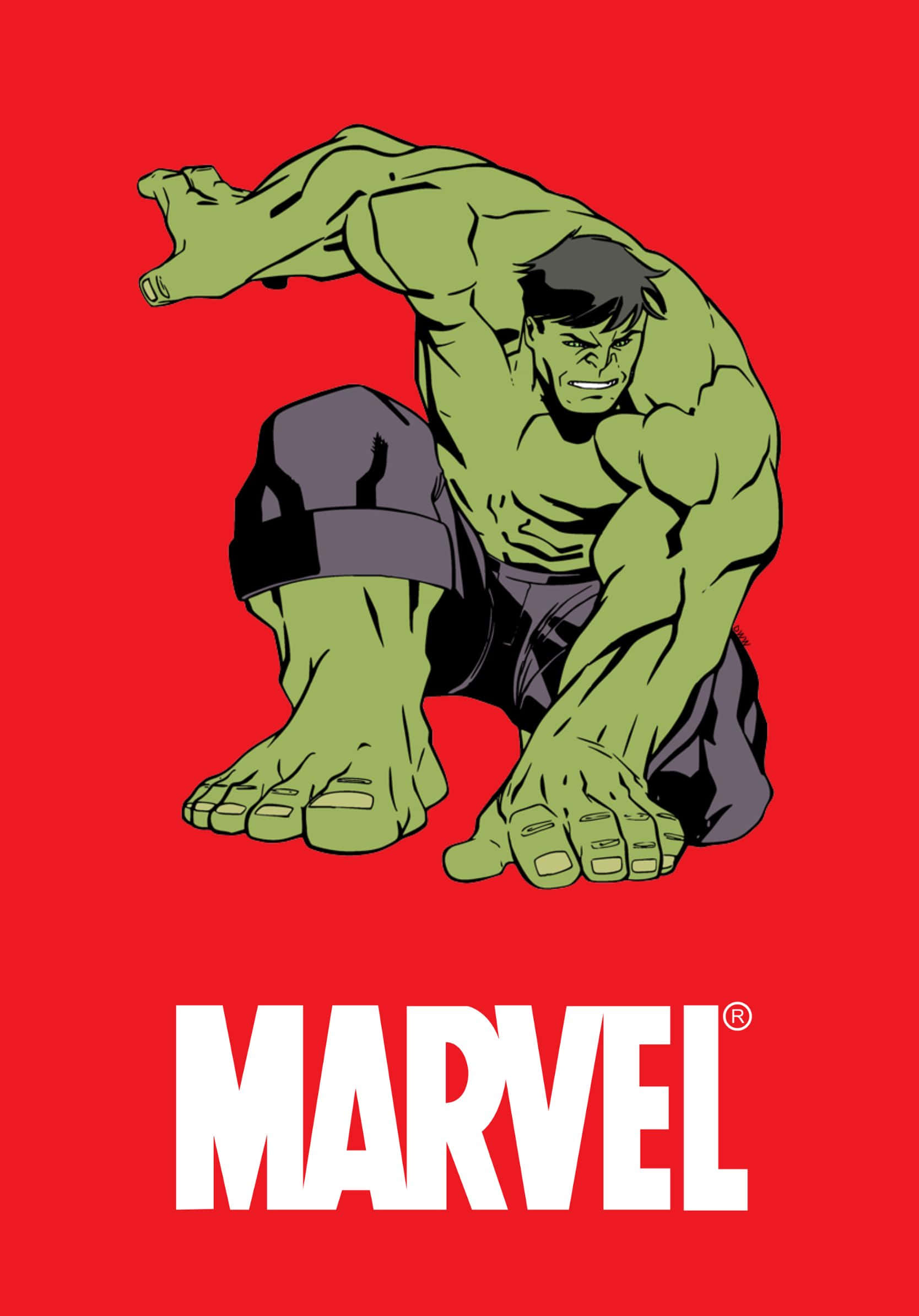 Best Marvel 桌布 壁紙 — 浩克以強勁姿勢蹲下，背景為鮮紅色，下方有Marvel標誌。