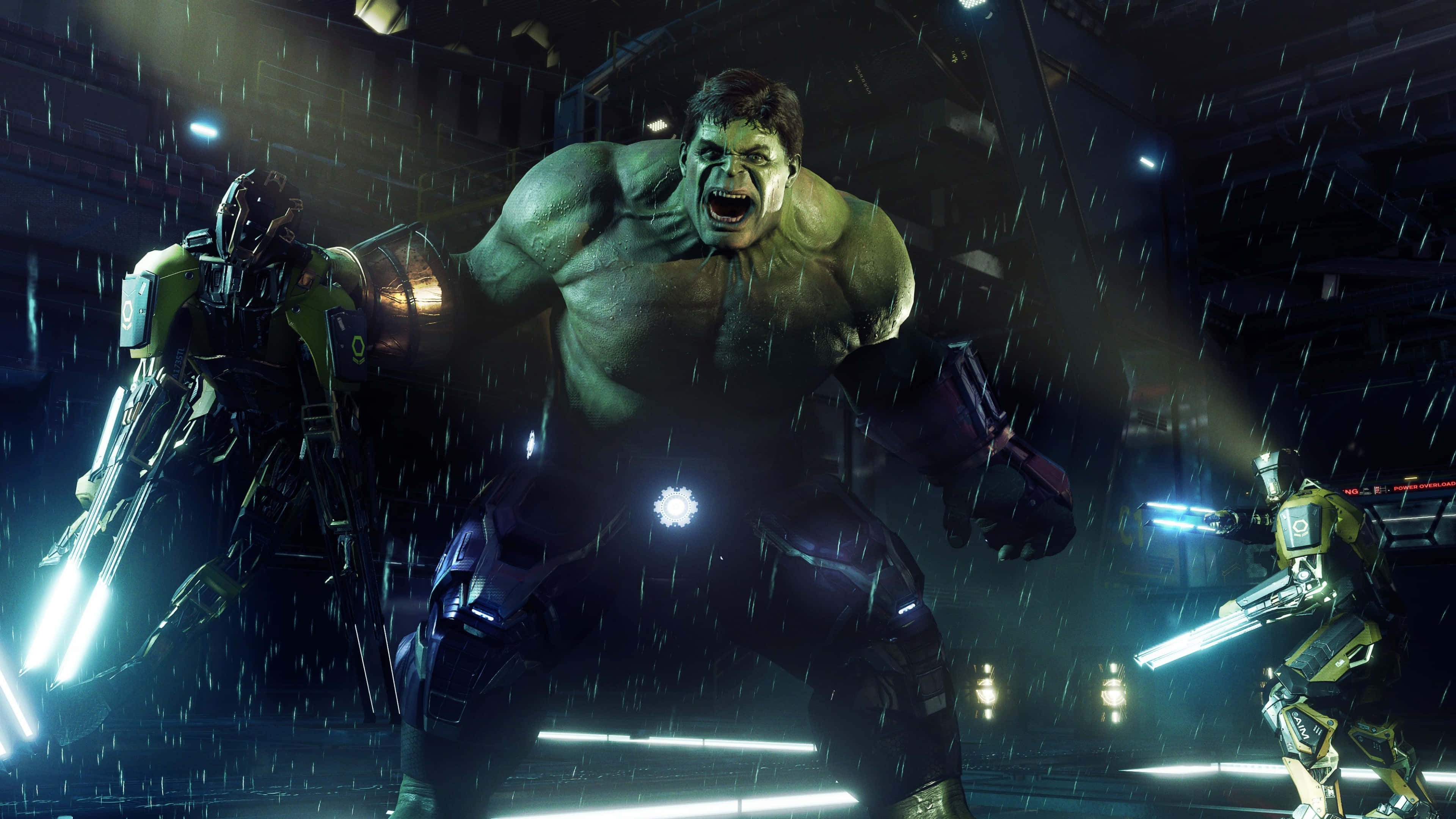 4K Marvel's Avengers 桌布 壁紙 — 浩克在雨水浸濕的未來風格競技場中咆哮，兩側是霓虹燈下發光的機械戰士。