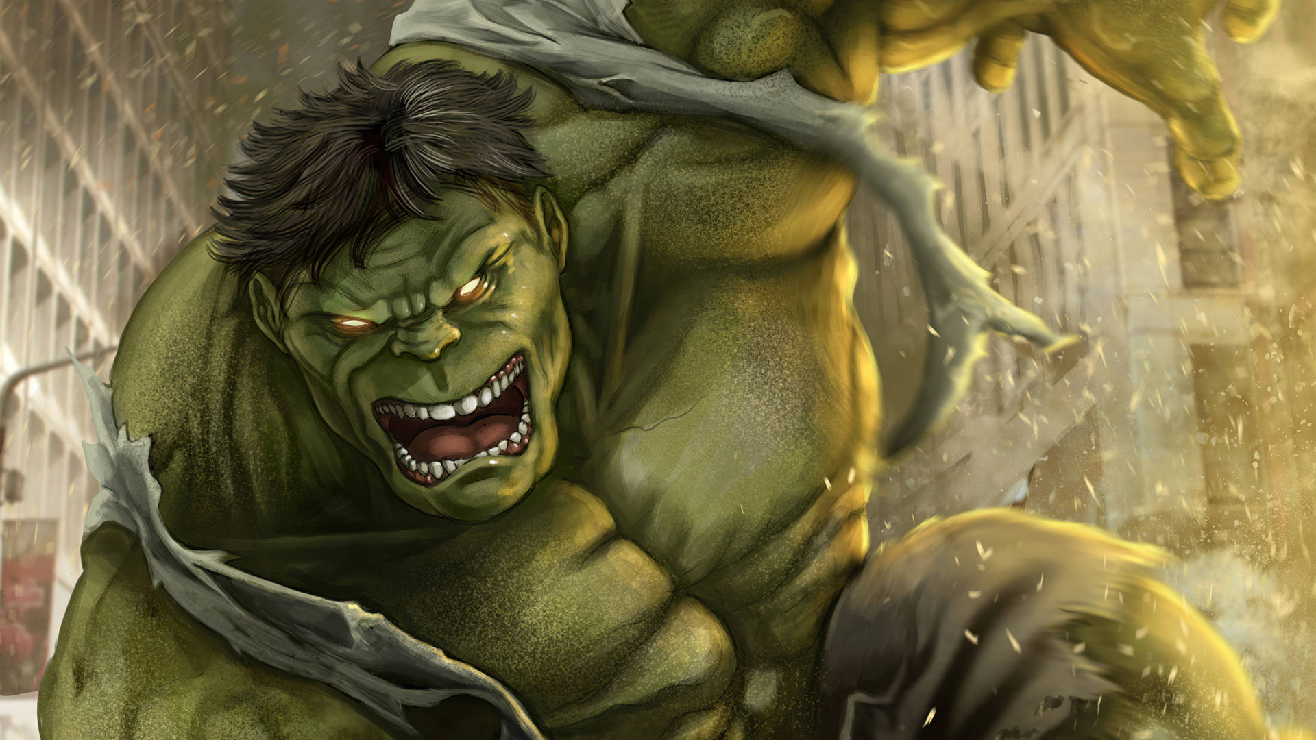 Hulk Smash 桌布 壁紙 — 浩克怒吼著，在動態漫畫插圖中砸穿城市街道。