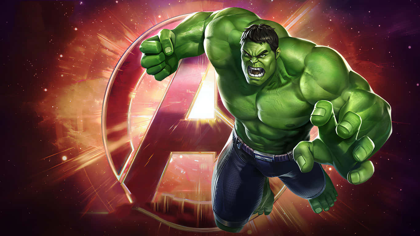 1366x768 Marvel's Avengers 桌布 壁紙 — 浩克憤怒咆哮，背景是宇宙復仇者聯盟標誌，帶有熾熱的星爆效果。