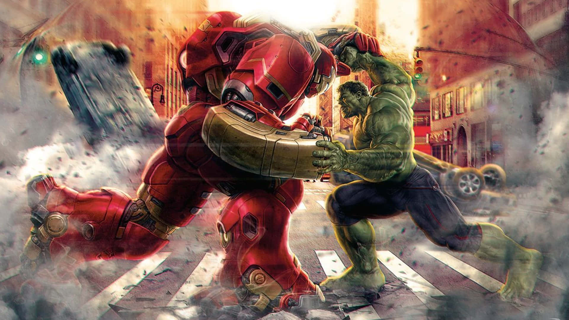 Avengers Movie 桌布 壁紙 — 浩克與浩克毀滅者在煙霧瀰漫、汽車破碎的熾熱城市街道上激烈交戰。